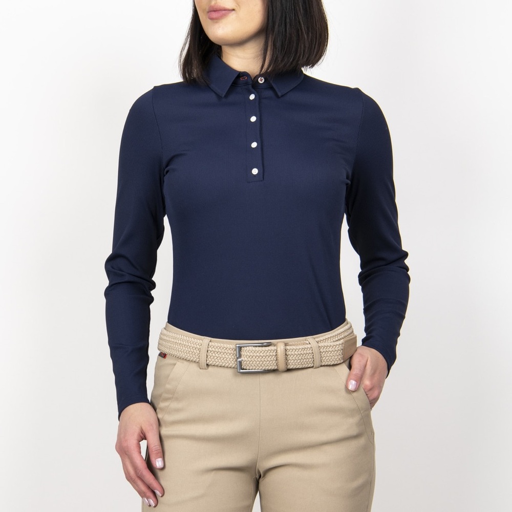 KJUS Celin Navy Blue Women's Small Long-Sleeve Golf SPF 50 Sport Fit Polo